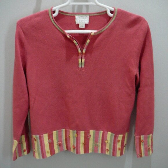 Christopher Banks Hand Embroidered Salmon 1/4 Zip Sweater Striped Button Trim-Lg - Picture 1 of 5